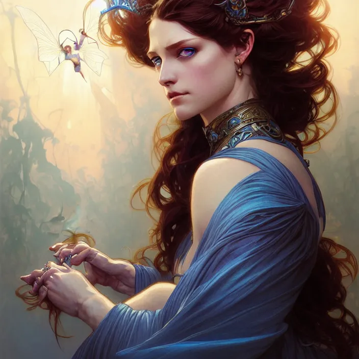 Image similar to Portrait of fairy woman, D&D, blue eyes, face, fantasy, intricate, elegant, highly detailed, digital painting, artstation, concept art, smooth, sharp focus, illustration, art by artgerm and greg rutkowski and alphonse mucha