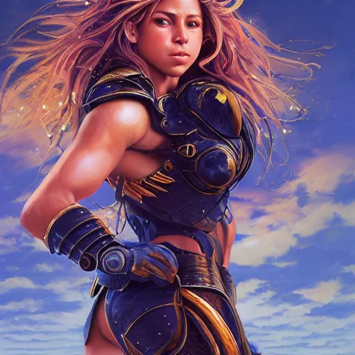 Image similar to A ultradetailed beautiful panting of Shakira with muscular body in armor, fantasy, Oil painting, by Ilya Kuvshinov, Gregg Rutkowski and Makoto Shinkai