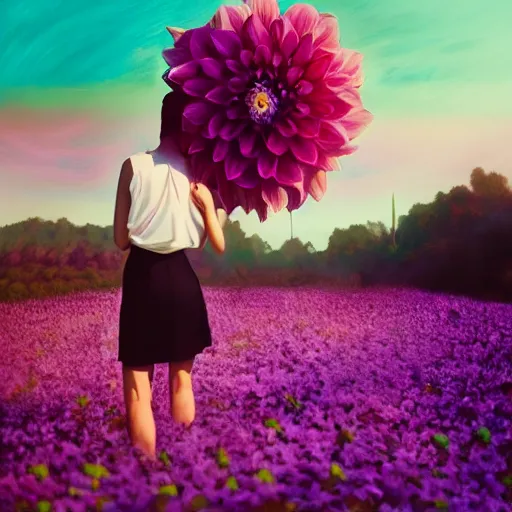 Image similar to portrait, giant purple dahlia flower head, woman in oasis, surreal photography, sunrise, blue sky, dramatic light, impressionist painting, digital painting, artstation, simon stalenhag