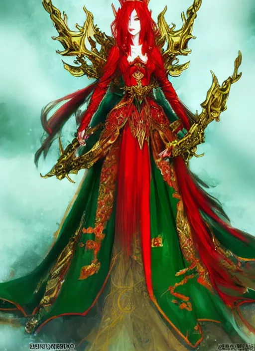 Image similar to Full body portrait of a beautiful red haired elven queen wearing red, green and gold ceremonial queen dress and elaborate golden crown. In style of Yoji Shinkawa and Hyung-tae Kim, trending on ArtStation, dark fantasy, great composition, concept art, highly detailed.