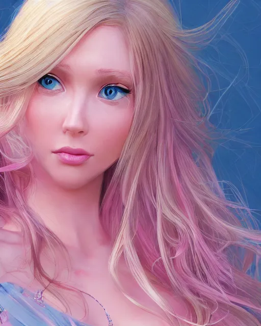 Image similar to side closeup of beautiful female with long blonde hair blue eyes pink silk dress, award winning full length profile photography, extremely detailed, artstation, 8 k, sensual lighting, incredible art, wlop, pixar, disney, artgerm, backlit, rim lighting, hi - fructose, cellshading, intricate lineart