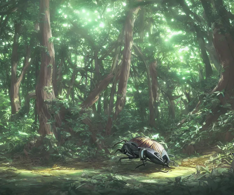 Prompt: beetle in a forest, anime fantasy illustration by tomoyuki yamasaki, kyoto studio, madhouse, ufotable, comixwave films, trending on artstation