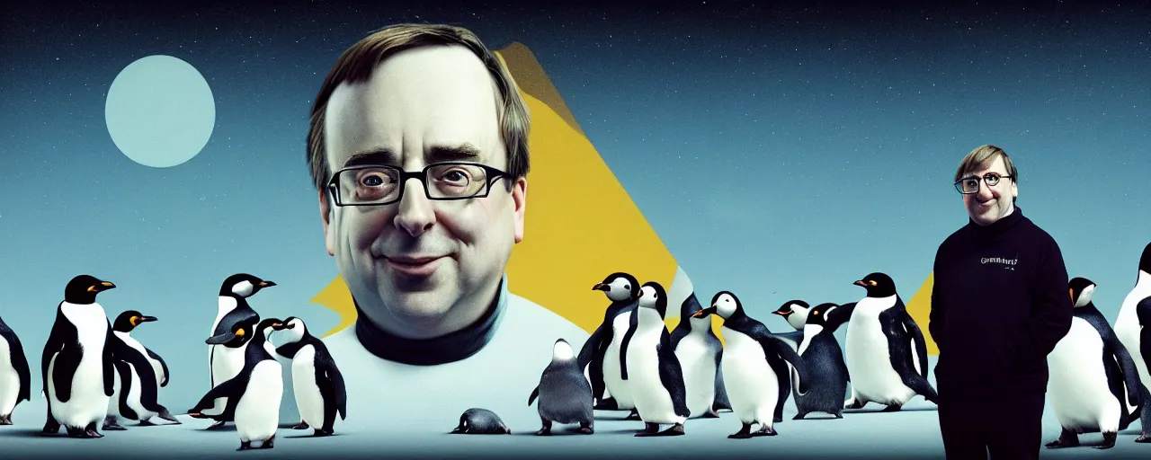 Image similar to duotone abstrac tconcept illustration 3 / 4 portrait of linus torvalds with penguins in the background. cinematic scene. vlumetric lighting. golden rario accidental renaissance. by sachin teng and sergey kolesov and ruan jia and heng z. graffiti art, scifi, fantasy, hyper detailed. octane render. concept art. trending on artstation