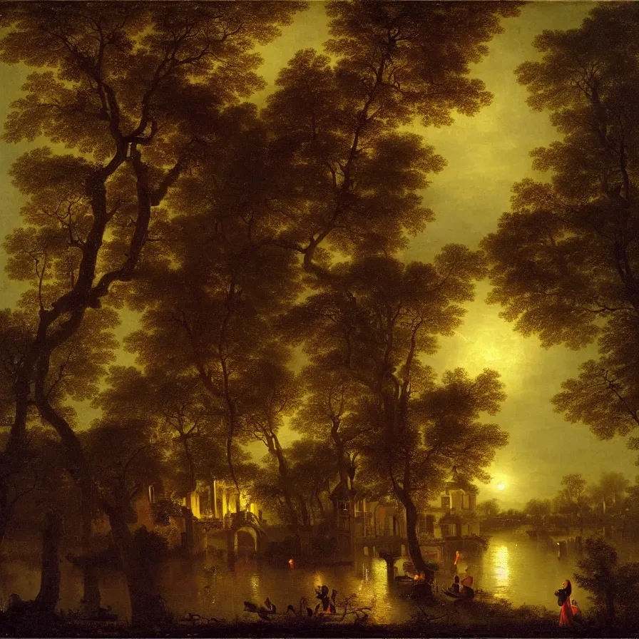 Image similar to a night carnival around a magical tree cavity with a rounded scenario with many fireworks and christmas lights, with a surreal orange moonlight, next to a lake with iridiscent water, volumetric lightning, folklore people disguised as fantastic creatures in a magical forest by summer night, masterpiece painted by pieter de hooch, scene by night, dark night environment, refraction lights, glares