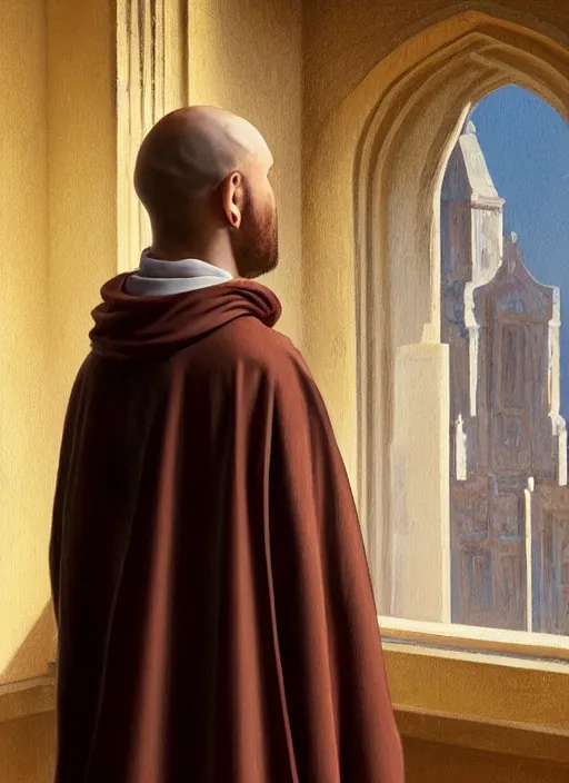 Prompt: symmetry!! oil painting of a tonsured dominican monk in brown robes, looking out of a monastery window contemplatively, a majestic cathedral in the background, digital art, artstation, cinematic, golden hour, digital art painting by greg rutkowski