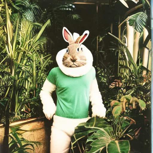 Image similar to grainy head to shoulder portrait Polaroid film photograph of a man wearing a bunny costume in a tropical greenhouse. looking at the camera!!. super resolution. Extremely detailed. Polaroid 600 film. by Annie Leibovitz and Richard Avedon