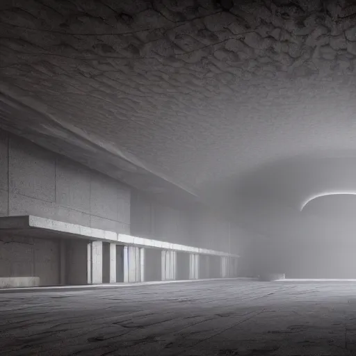 Image similar to cinema 4 d render, weta digital, inside the grand hall of a stunning giant huge brutalist cement palace, a giant floating screaming face made out of swirling colorful glowing particles, a huge crowd of people in black cult robes kneeling down, octane render, featured on cgsociety, volumetric lighting and shadows, fog, moody, atmospheric, 8 k