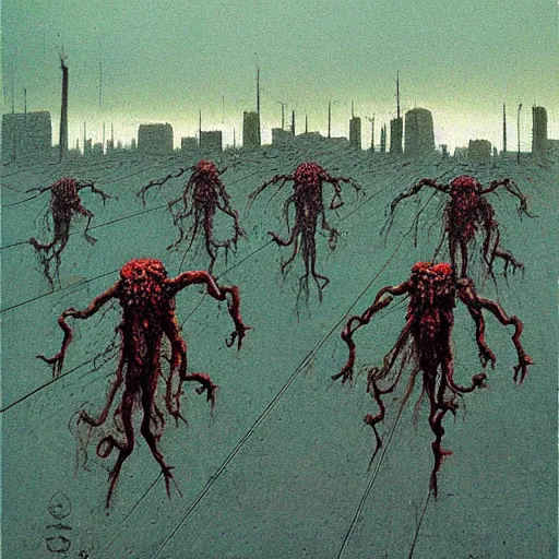 Prompt: horrific zombies chasing wires around a city, art by Beksinski