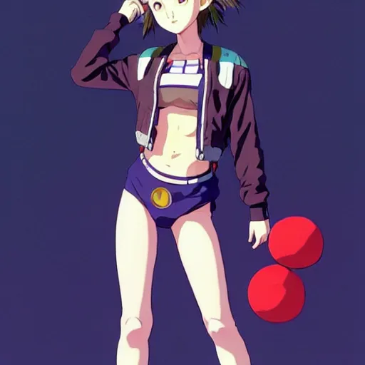 Image similar to beautiful boyish natalie portman gravure model in majora's mask, wearing big mayan bomber jacket with overalls and leotard, big bomber jacket with subtle mayan patterns, aztec bathing suit, gapmoe yandere grimdark, trending on pixiv fanbox, painted by greg rutkowski makoto shinkai takashi takeuchi studio ghibli, akihiko yoshida