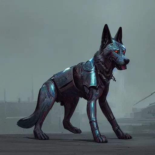 Image similar to panzerwolf anubis dog made of steel in light armor, by ian pesty and alena aenami, concept art, matte painting, washed colors,