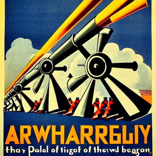 Image similar to propaganda poster featuring an extremely large number of artillery cannons, artillery, guns, awe inspiring, parallel lines, limited palette, ww 1