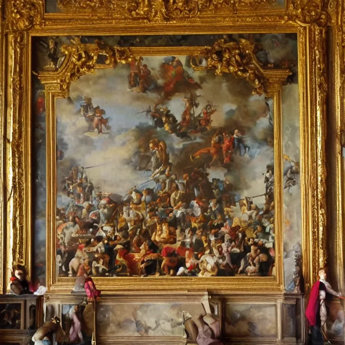 Prompt: fine art, oil on canvas baroque style by diego velasquez. the interior of the palace of versailles in france. fine art in the walls and