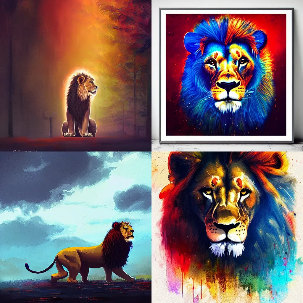 Prompt: lion, pedro correa, alena aenami