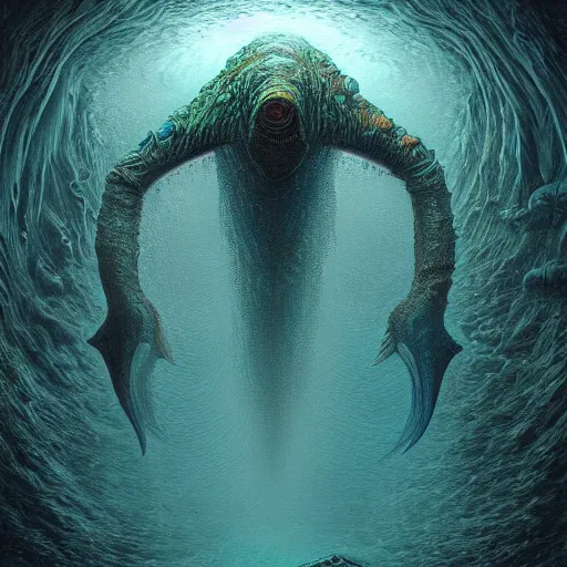 Image similar to photorealistic cryptid aquatic beast in the style of michael whelan and gustave dore. hyperdetailed photorealism, 1 0 8 megapixels, amazing depth, glowing rich colors, powerful imagery, psychedelic overtones, 3 d finalrender, 3 d shading, cinematic lighting, artstation concept art