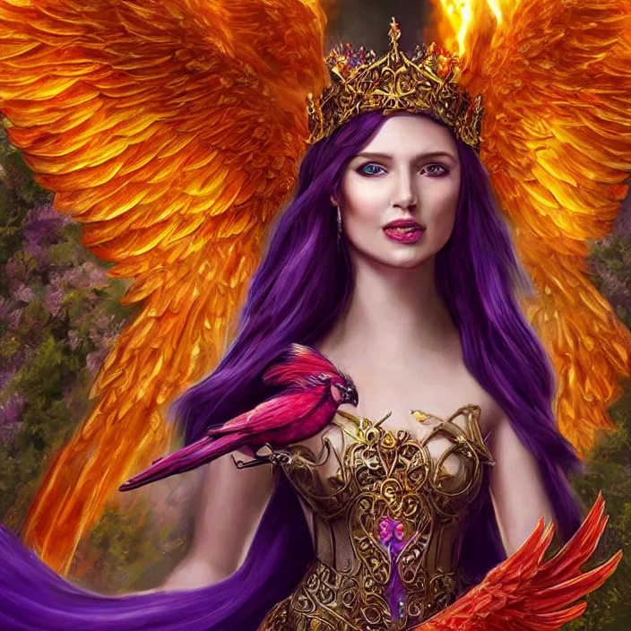 Image similar to Princess sorceress with red flaming bird wings on her back and sitting on an ornate throne dressed in a fancy long purple dress, beautiful hyper realistic face with a Slight smile and open eyes, Fantasy, Half Body Portrait, High detail, hyper realistic, planeswalker