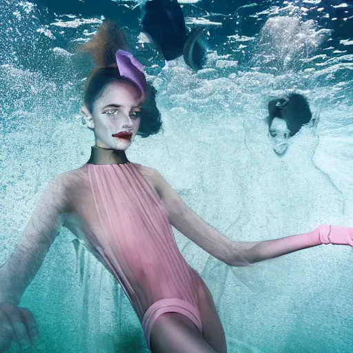 Prompt: medium format photograph of a surreal fashion shoot underwater