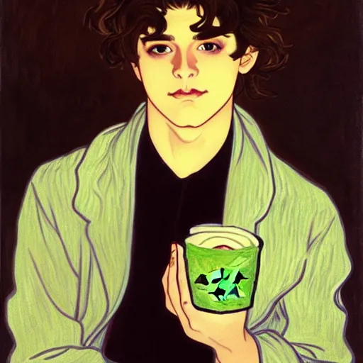 Image similar to painting of young cute handsome beautiful dark medium wavy hair man in his 2 0 s named shadow taehyung at the halloween pumpkin matcha party, straight nose, depressed, melancholy, autumn, elegant, clear, painting, stylized, delicate, soft facial features, delicate facial features, soft art, art by alphonse mucha, vincent van gogh, egon schiele