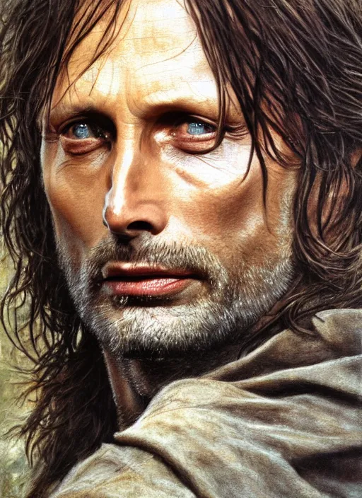 Image similar to Mads Mikkelsen as Aragorn by Alan Lee, golden hour, concept art, detailed clothing, art station, oil painting