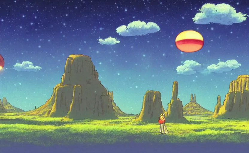 Image similar to a cell - shaded studio ghibli concept art from paprika ( 2 0 0 6 ) of a ufo with lights independence day ( 1 9 9 6 ) sitting on top of a lush temple that looks like monument valley stonehenge jungle on a misty starry night. a giant camel is in the foreground. very dull colors, hd, 4 k, hq