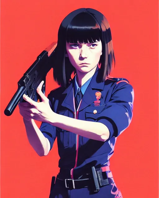 Prompt: girl wearing uniform, holding gun at side | | audrey plaza, fine detail!! anime!! realistic shaded lighting!! poster by ilya kuvshinov katsuhiro otomo ghost - in - the - shell, magali villeneuve, artgerm, jeremy lipkin and michael garmash and rob rey