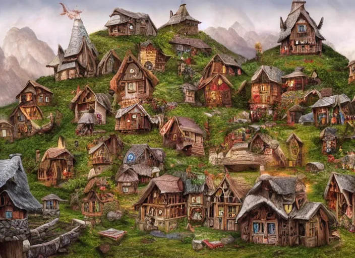 Image similar to dwarf - village built into a mountain, lowbrow, matte painting, 3 d highly detailed, in the style of mark ryden,