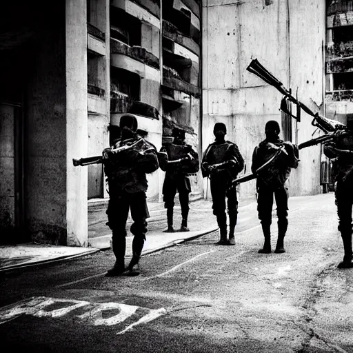 Image similar to realistic ominous soldiers in street, brutalist, cinematic, atmospheric lighting, old photograph, gunfire, muted colors, black white red, bones, banners, directed by villeneuve