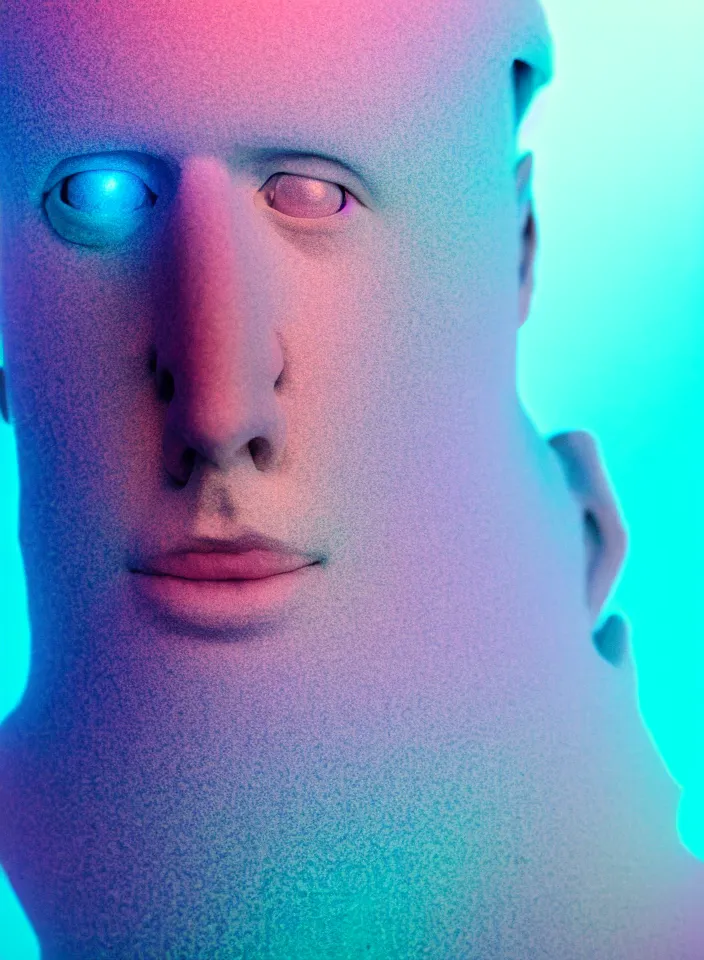 Image similar to high quality pastel coloured film wide angle close up photograph of a beautiful cyborg man in an icelandic black rock!! environment in dreamstate world. three point light. photographic production. art directed. pastel colours. volumetric light. pastel gradient overlay. waves glitch artefacts. extreme facial silliness. 8 k. filmic.