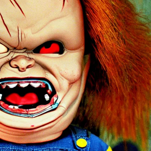 Prompt: Chucky doll, horror, creepy, distorted, evil, haunting, imploded