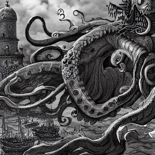 Prompt: kraken destroys a medieval town in the style of kentaro miura, 4 k, 8 k, absolute detailing of even the smallest details and particles, beautiful shadows, beautiful art, black and white drawing