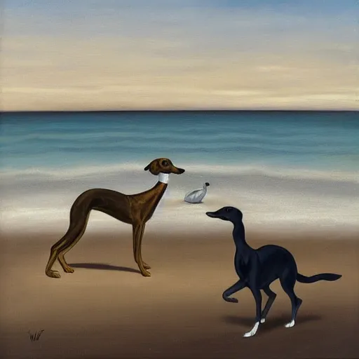 Prompt: a whippet and a duck strolling together on the beach by the sea, painting