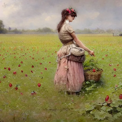 Image similar to ( ( ( ( ( woman on a strawberry field. muted colors. ) ) ) ) ) by jean - baptiste monge!!!!!!!!!!!!!!!!!!!!!!!!!!!