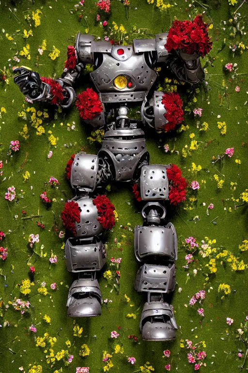 Prompt: destroyed combat robot lying in a field of flowers, twisted metal, earth, terrible, anthropomorphic, cyborg, photorealism, weapons, smoke, metal, armor, camouflage, wild flowers, greenery, chips, red light bulbs, top view, high detail, ultra - realism, cinematic light, epic, art by jeff koons