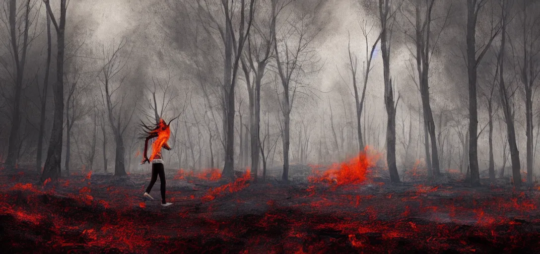 Prompt: a young woman running from a burning forest, red fog on the ground, Bleak. big stones, Dark mood. Mysterious. Doom. Realistic painting. photobashing, matte painting, highly detailed,