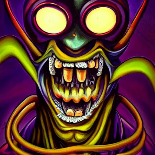 Image similar to beautiful painting of the jester mushroom joker god in the style of Welder Wings and H. R. Giger. Dark background, detailed, trending on Artstation