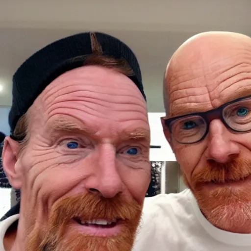 Image similar to Jerma taking a selfie with Bald Bryan Cranston with a goatee in Albuquerque, New Mexico with a yellow filter, real life, hyperrealistic, ultra realistic, realistic, highly detailed, epic, HD quality, 8k resolution, body and headshot, Trending on Artstation, very realistic