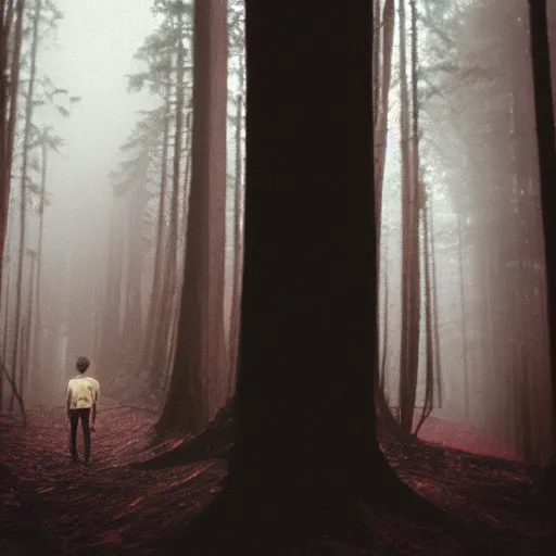 Image similar to close up kodak portra 4 0 0 photograph of a skinny guy standing in a dark forest, flower face, moody lighting, telephoto, 9 0 s vibe, blurry background, vaporwave colors, faded!,