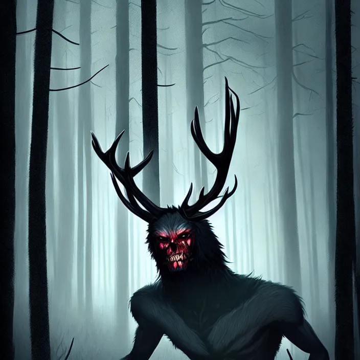 Image similar to style artgerm, joshua middleton, tim jacobus, scary wendigo with antlers and skull face mixed with werewolf, in the forest, detailed, dark and foggy, cinematic lighting