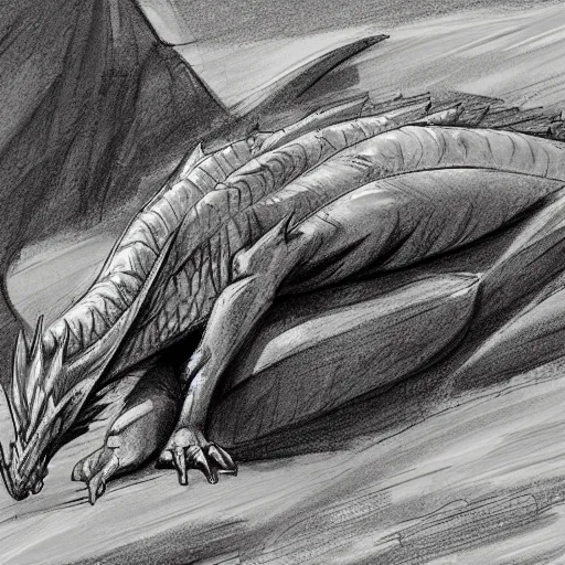 Image similar to sketch of a dragon resting on a hill, detailed, artstation, old