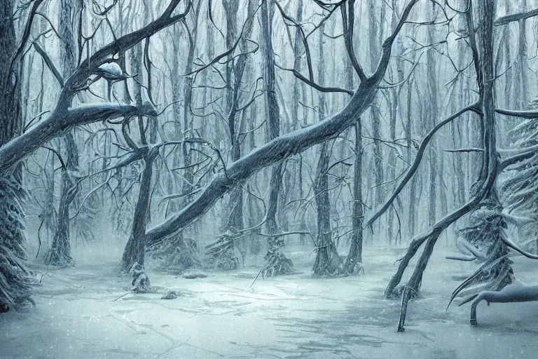 Image similar to A forest enveloped in ice, winter season, moody scene, highly detailed, intricate, sharp details, dystopian mood, by Victo ngai, David Rubín, Mike Mignola, Laurie Greasley, gaston bussiere, craig mullins, somber lighting, drawn by Giacomo Burattini, inspired by graphic novel cover art, 8k by RHADS