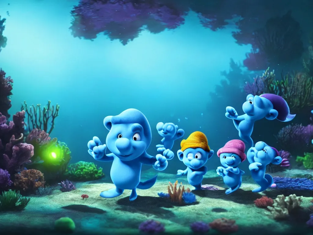 Prompt: underwater smurfs swimming with bioluminescent fishes, photorealistic painting, cgi, low volumetric light, movie still, very cute and cozy and fluffy and sweet