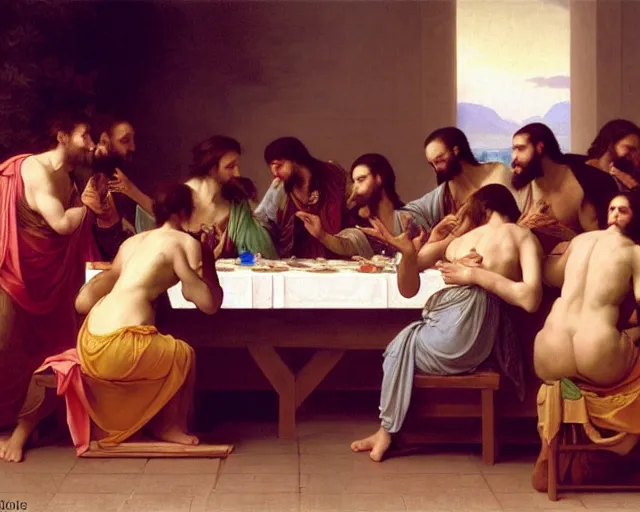 Prompt: beautiful glorious realistic oil painting of the last supper, baroque style by bouguereau, sunset, highly detailed and photorealistic, 8 k intricate