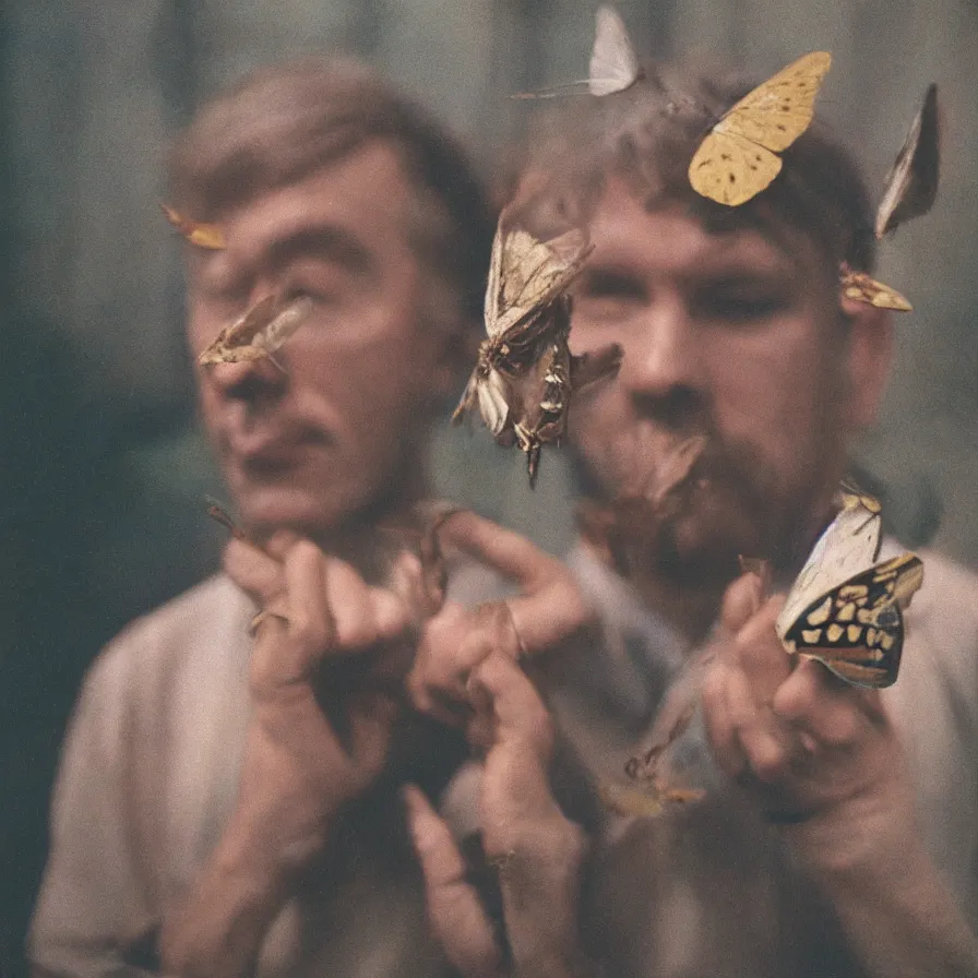 Prompt: movie still by frantisek vlacil portrait of a man with a moth mask, cinestill 8 0 0 t 3 5 mm, heavy grain, high quality, high detail