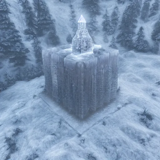 Prompt: top view tower crystal ice architecture soul, ethereal, misty, unreal engine, octane, hdr, volumetric lighting, 4 k, 8 k, uhd w - 1 0 2 4 h - 1 0 2 4