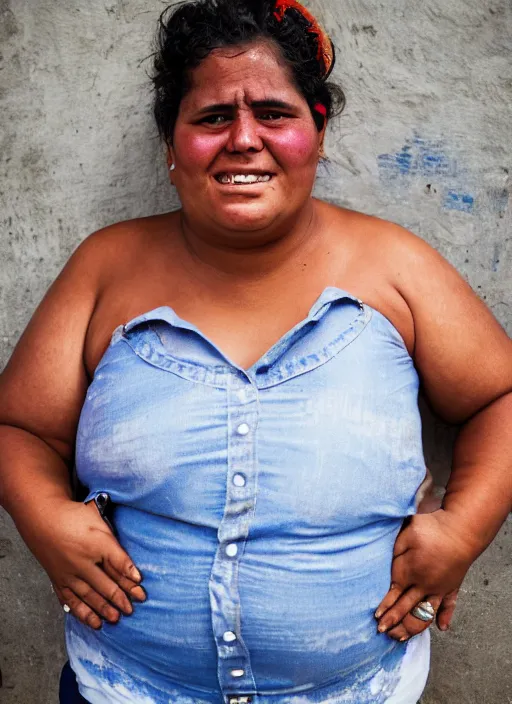 Image similar to close up portrait of a beautiful, fat 30-year-old woman from Cuba, happy, candid street portrait in the style of Martin Schoeller, award winning, Sony a7R