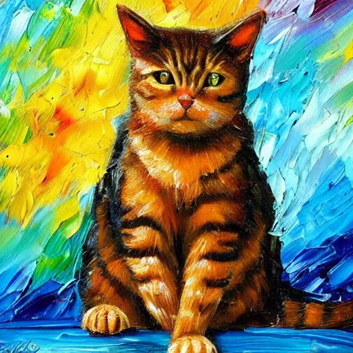 Image similar to palette knife oil painting of a cat sitting on a rainbow