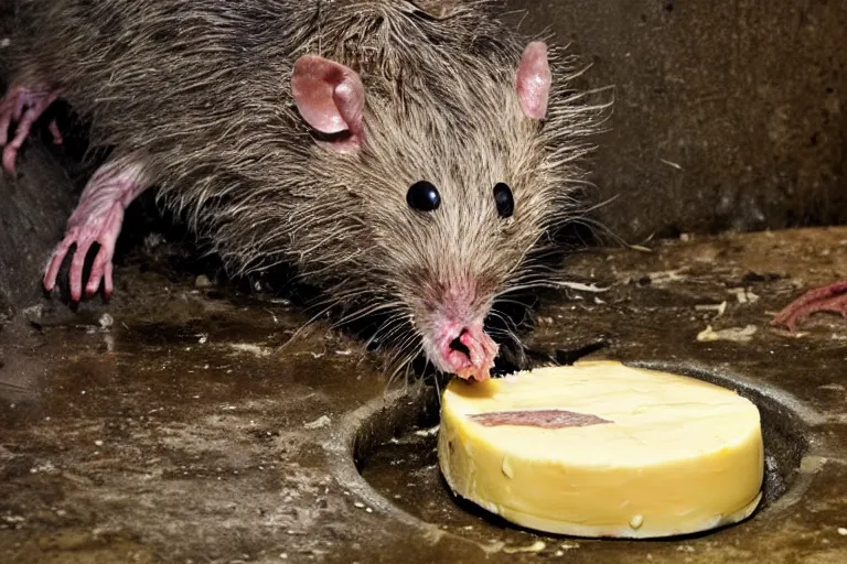 Prompt: a giant mutant disgusting rat eating cheese in a sewer, photograph, terror, horror, mutant, scary,