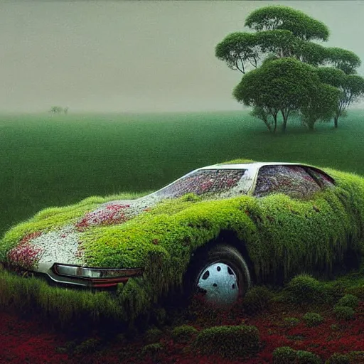 Image similar to hyper realistic painting of an abandoned Supercar covered with moss, an Australian summer landscape, by Zdzislaw Beksinski