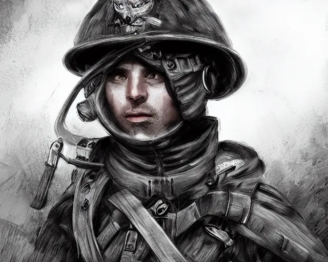 Image similar to A cat wearing soldier uniform in a world war 1 trench, close-up, black and white, amazing digital art, hyper detailed, artstation, in the style of Tony Sart