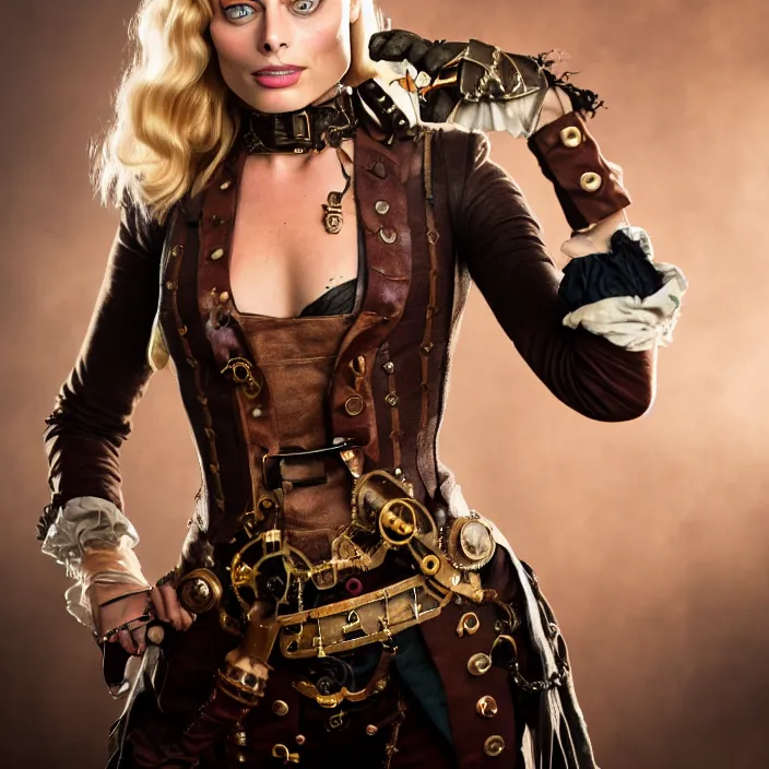 Image similar to full body photograph of margot robbie as a steampunk pirate. Extremely detailed. 8k