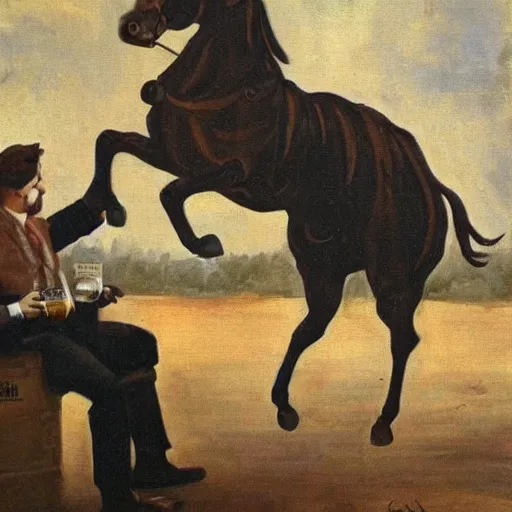 Image similar to painting of a man drinking a guinness on a horse